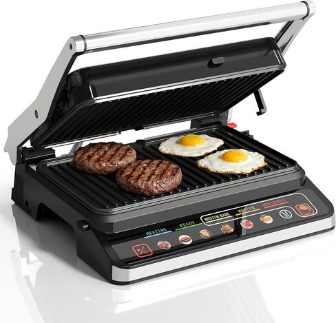 3-in-1 Indoor Grill & Griddle: 180° Flat Opening, Preset Menu, 1600W Electric Panini Press Sandwich Maker with Removable Non-stick Plates, Easy to Clean (Black, 14.25x13.4x5.9″) in Saudi Arabia