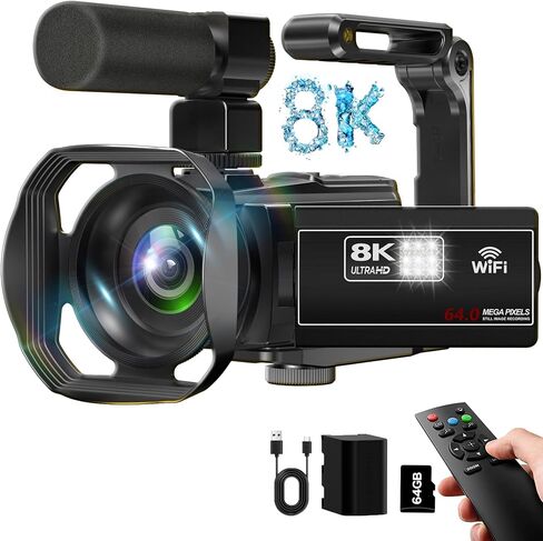 Video Camera 8K Camcorder, 64MP IR Night Vision Vlogging Camera for YouTube | WiFi, 18X Digital Zoom, 3.0 Inch Touch Screen, Microphone, Lens Hood, 64GB SD Card, Remote Control, 4500mAh Battery in Saudi Arabia