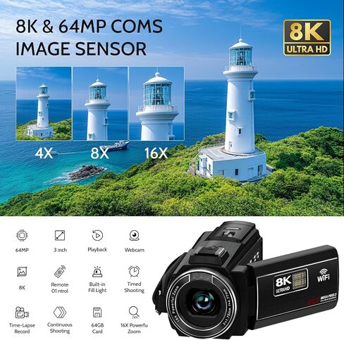 Video Camera 8K Camcorder, 64MP IR Night Vision Vlogging Camera for YouTube | WiFi, 18X Digital Zoom, 3.0 Inch Touch Screen, Microphone, Lens Hood, 64GB SD Card, Remote Control, 4500mAh Battery in Saudi Arabia