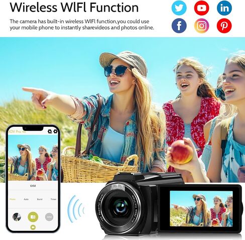 Video Camera 8K Camcorder, 64MP IR Night Vision Vlogging Camera for YouTube | WiFi, 18X Digital Zoom, 3.0 Inch Touch Screen, Microphone, Lens Hood, 64GB SD Card, Remote Control, 4500mAh Battery in Saudi Arabia