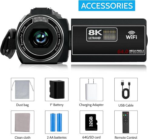 Video Camera 8K Camcorder, 64MP IR Night Vision Vlogging Camera for YouTube | WiFi, 18X Digital Zoom, 3.0 Inch Touch Screen, Microphone, Lens Hood, 64GB SD Card, Remote Control, 4500mAh Battery in Kuwait