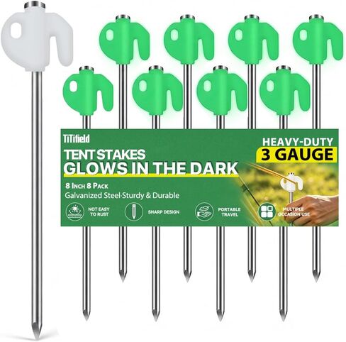 Heavy Duty Tent Stakes 8 Inch Glow in the Dark Garden Stakes | 8 Pack 3 Gauge Anti-Rust Galvanized Steel Ground Anchors with Sharp Tips Interlocking Storage for Camping,Canopy,Outdoor Use in Saudi Arabia