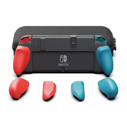 Skull & Co. NeoGrip Bundle: an Ergonomic Grip Hard Shell with Replaceable Grips [to fit All Hands Sizes] for Nintendo Switch OLED and Regular Model [with Carrying Case] - Neon Blue(L)+Neon Red(R) in Saudi Arabia
