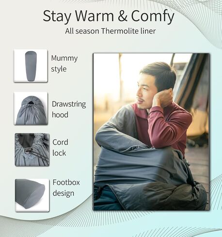 Litume Thermolite All Season Sleeping Bag Liner Add Up to 22°F / 12°C, Mummy Sleeping Sack for Backpacking, Camping, Traveling, for Cold Weather Winter, Sleep Sack with Drawstring Hood E626 in Saudi Arabia