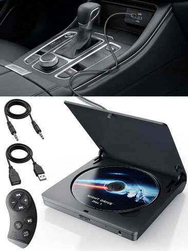 External CD Player for Car, USB/AUX Connection, Universal Compatibility | Portable, Anti-Skip, Shockproof, Vehicles, Resume, Steering-Wheel Remote, Compact Design, Hidden Cable, Plug & Play in Saudi Arabia