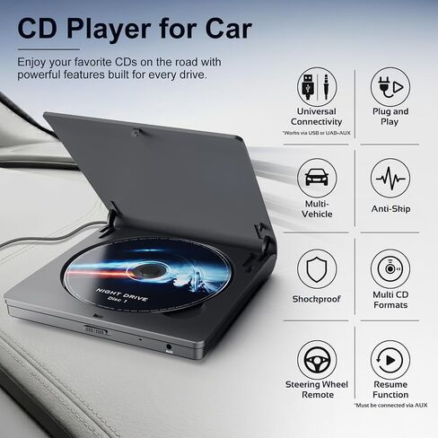 External CD Player for Car, USB/AUX Connection, Universal Compatibility | Portable, Anti-Skip, Shockproof, Vehicles, Resume, Steering-Wheel Remote, Compact Design, Hidden Cable, Plug & Play in Saudi Arabia