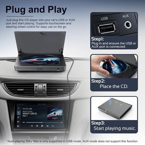 External CD Player for Car, USB/AUX Connection, Universal Compatibility | Portable, Anti-Skip, Shockproof, Vehicles, Resume, Steering-Wheel Remote, Compact Design, Hidden Cable, Plug & Play in Saudi Arabia