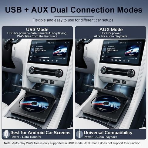 External CD Player for Car, USB/AUX Connection, Universal Compatibility | Portable, Anti-Skip, Shockproof, Vehicles, Resume, Steering-Wheel Remote, Compact Design, Hidden Cable, Plug & Play in Saudi Arabia