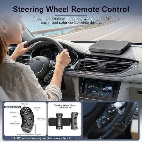 External CD Player for Car, USB/AUX Connection, Universal Compatibility | Portable, Anti-Skip, Shockproof, Vehicles, Resume, Steering-Wheel Remote, Compact Design, Hidden Cable, Plug & Play in Saudi Arabia