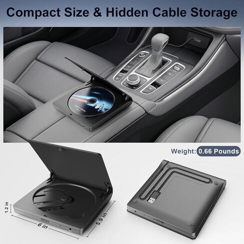External CD Player for Car, USB/AUX Connection, Universal Compatibility | Portable, Anti-Skip, Shockproof, Vehicles, Resume, Steering-Wheel Remote, Compact Design, Hidden Cable, Plug & Play in Saudi Arabia