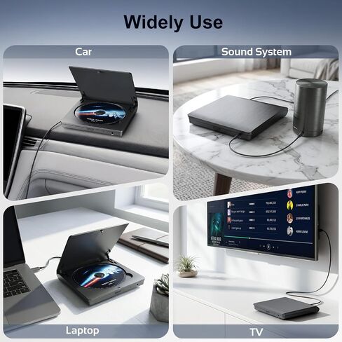 External CD Player for Car, USB/AUX Connection, Universal Compatibility | Portable, Anti-Skip, Shockproof, Vehicles, Resume, Steering-Wheel Remote, Compact Design, Hidden Cable, Plug & Play in Saudi Arabia