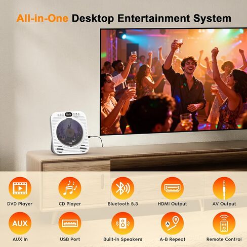 Mini CD DVD Player for TV - Portable Bluetooth CD DVD Player with HDMI & AV Cables, Built-in Speakers, USB/AUX Playback, 1080P Upscaling, Wall-Mountable Compact Desktop Player for Home in Saudi Arabia