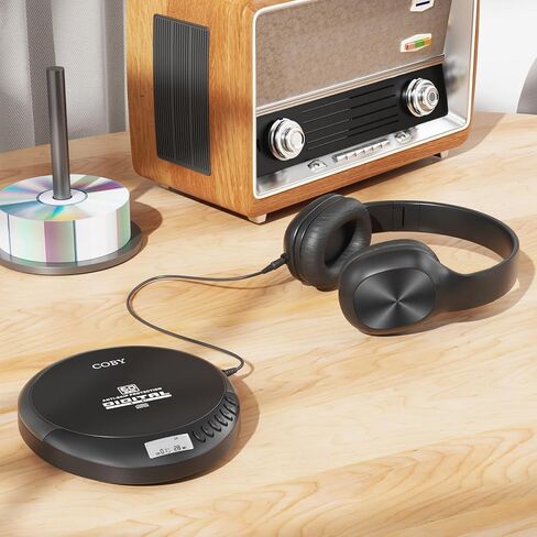 Coby Portable CD Player with Headphones, FM Radio, MP3 Playback, Black | 60-Second Anti-Skip for Home, Car & Travel, CD-R/CD-RW/MP3 Playback, 2 AA or USB Power, Simple Buttons, Foldable Headphones in Saudi Arabia