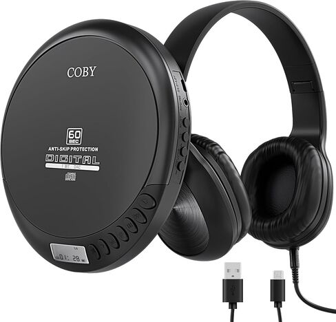 Coby Portable CD Player with Headphones, FM Radio, MP3 Playback, Black | 60-Second Anti-Skip for Home, Car & Travel, CD-R/CD-RW/MP3 Playback, 2 AA or USB Power, Simple Buttons, Foldable Headphones in Saudi Arabia