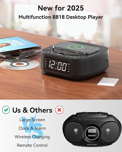 CD Player Portable,MONODEAL CD Players for Home,Desktop Portable CD Player with Bluetooth Speakers,Wireless Charging,Alarm Clock,SleepTimer,Supports CD/Bluetooth/FM Radio/USB Drive/AUX,Remote Control | with Bluetooth Speakers,Wireless Charging,Alarm Clock in Kuwait