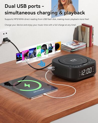 CD Player Portable,MONODEAL CD Players for Home,Desktop Portable CD Player with Bluetooth Speakers,Wireless Charging,Alarm Clock,SleepTimer,Supports CD/Bluetooth/FM Radio/USB Drive/AUX,Remote Control | with Bluetooth Speakers,Wireless Charging,Alarm Clock in Kuwait