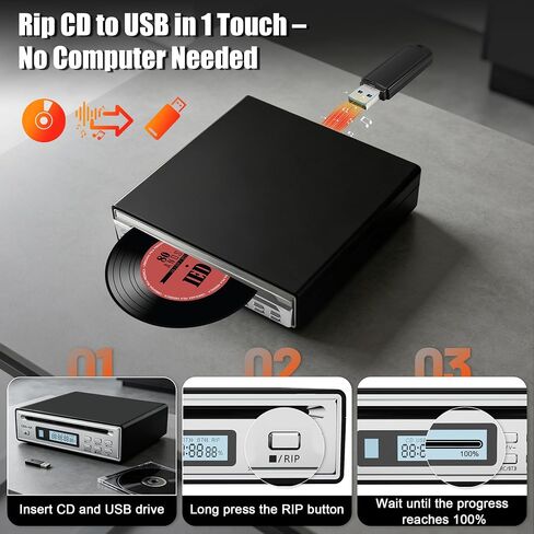 CD Ripper، نسخ الأقراص المضغوطة إلى محول USB، نسخ USB، تسجيل WAV بدون فقدان، مشغل أقراص مضغوطة بلوتوث للسيارة، مشغل أقراص مضغوطة Hi-Fi شخصي مضاد للتخطي للمنزل، كبار السن، مع مخرجات بصرية، AUX in Kuwait