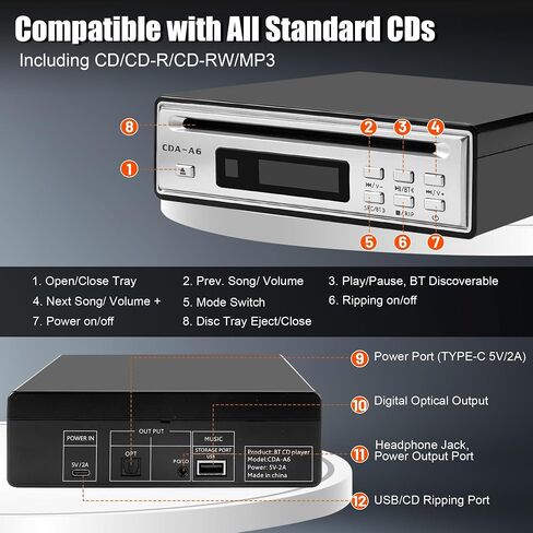 CD Ripper، نسخ الأقراص المضغوطة إلى محول USB، نسخ USB، تسجيل WAV بدون فقدان، مشغل أقراص مضغوطة بلوتوث للسيارة، مشغل أقراص مضغوطة Hi-Fi شخصي مضاد للتخطي للمنزل، كبار السن، مع مخرجات بصرية، AUX in Kuwait