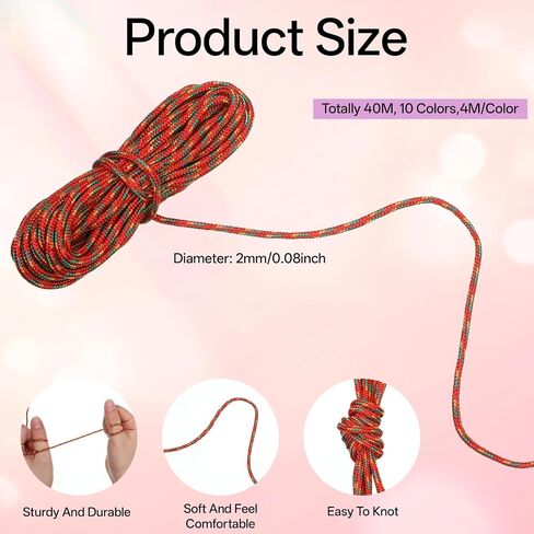 43.74 Yards Paracord Rope, 10 Colors 2mm Pink Paracord-Rope Thin Outdoor Paracord Cords for Bracelets Lanyard Keychain Shoelace Making Supplies in Saudi Arabia