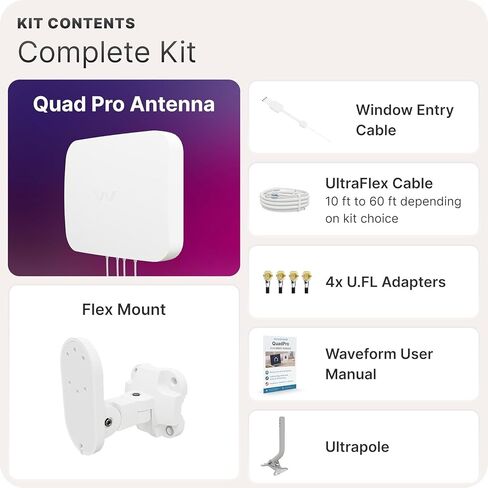 Waveform QuadPro Kit + 30’ Total Cable Bundle - 4x4 MIMO Panel for 4G/5G Routers & Gateways for T-Mobile Home Internet, Verizon, AT&T Kit with 1x 20’, 1x 10’ SMA Cable, Mount, U.Fl adapters in Saudi Arabia