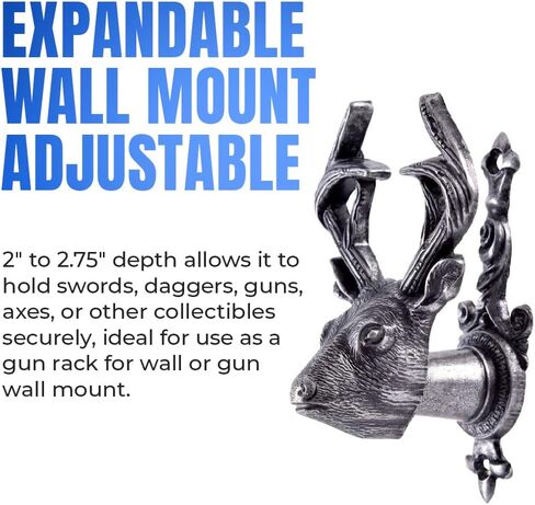SZCO Deer Head Sword Hanger Wall Mount – 4" Cast Metal Expandable Display Hook for Swords, Guns, Daggers, Axes – Rustic Pewter Finish Weapon Holder – Adjustable Brackets with Screws – 2 Pack in Saudi Arabia