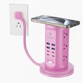 Power Strip Tower, kakyanill Charging Station 9 AC Outlets 8 USB Ports | 6 Ft Retractable Extension Cord, 15W Wireless Charger, White in Saudi Arabia