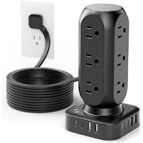 Flat Plug Power Strip Tower, TenTrend 40W Total Fast Charging Station, 10FT | 12 AC Outlets & 8 USB Ports (4 USB C), Dual PD 20W, Long Extension Cord for Desk Office Dorm Room in Saudi Arabia