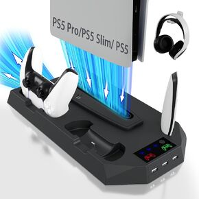 PS5/Slim/Pro Stand for PlayStation 5 Disc & Digital Console, PS5 Cooling & Charging Station, PS5 Controller Charger Incl.3 Level Fan,Headset, PS5/Slim/Pro Accessories Comes 3 USB Ports in Saudi Arabia