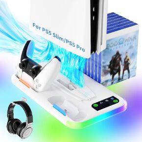 PS5 Slim/Pro Stand with 3 Level Cooling Fans, Dual Controller Charging Station & 2 USB Ports, RGB LED Light Console Stand in Saudi Arabia