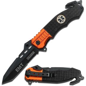 Tac-Force 8" Assisted Opening Rescue Pocket Knife - 3.25" Black Half-Serrated Stainless Steel Blade, Orange/Black EMT Aluminum Handle, Glass Breaker & Seatbelt Cutter in Saudi Arabia