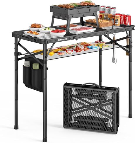 Raynesys Portable Folding Grill Table for Outside for Picnic, Camping | 3 Height Adjustable Small Camping Table with Mesh Bag, Metal Aluminum Folding Table, 35.43x15.75 inches, Black in Saudi Arabia