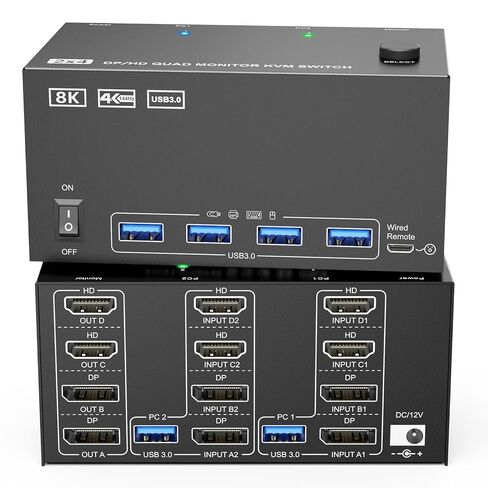 KVM Switch 4 Monitors 2 Computers HDMI + DisplayPort, KCEVE DP 2 Computer Switcher, Support 8K@30Hz/4k@144Hz for 4 PC Share 4 Display and 4 USB 3.0 Devices in Saudi Arabia