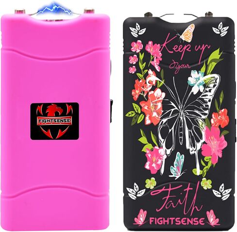 FIGHTSENSE Mini Stun Gun for Self Defense with Bright Led Flashlight, Rechargeable Battery, Nylon Holsters (Pink,Butterfly) in Saudi Arabia