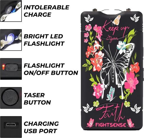 FIGHTSENSE Mini Stun Gun for Self Defense with Bright Led Flashlight, Rechargeable Battery, Nylon Holsters (Pink,Butterfly) in Saudi Arabia