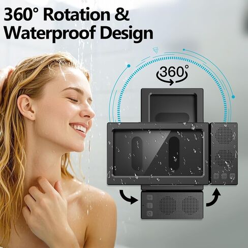Shower Phone Holder with Wireless Bluetooth Speaker,- 480°Rotatable Retractable Adjustable Shower iPhone Case, Bathroom Wall Phone Stand Water Proof Anti Fog,Accessories for 4-7"Cellphones (Black) in Saudi Arabia