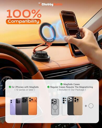 chubbycable Magnetic Car Phone Holder 360° Rotation with Vacuum Base | Foldable Design with Ultra-Strong Magnetic Hold, Vacuum Suction Base, Compatible with MagSafe iPhone 12-17 Series and Android in Kuwait