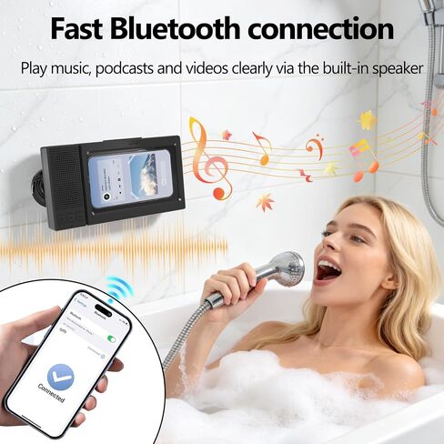 Shower Phone Holder with Wireless Bluetooth Speaker,- 480°Rotatable Retractable Adjustable Shower iPhone Case, Bathroom Wall Phone Stand Water Proof Anti Fog,Accessories for 4-7"Cellphones (Black) in Saudi Arabia