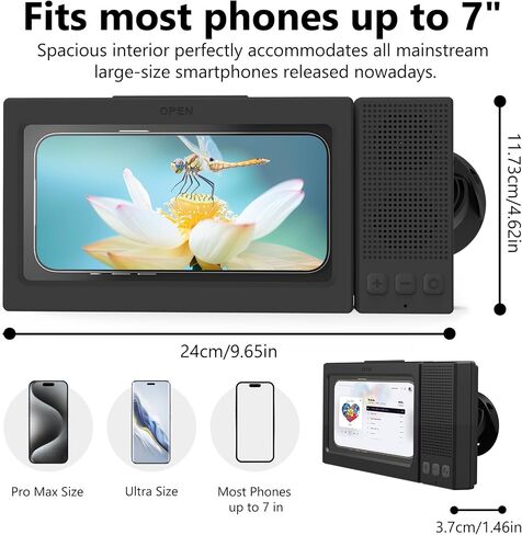 Shower Phone Holder with Wireless Bluetooth Speaker,- 480°Rotatable Retractable Adjustable Shower iPhone Case, Bathroom Wall Phone Stand Water Proof Anti Fog,Accessories for 4-7"Cellphones (Black) in Saudi Arabia