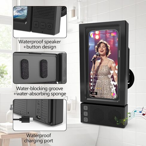 Shower Phone Holder with Wireless Bluetooth Speaker,- 480°Rotatable Retractable Adjustable Shower iPhone Case, Bathroom Wall Phone Stand Water Proof Anti Fog,Accessories for 4-7"Cellphones (Black) in Saudi Arabia