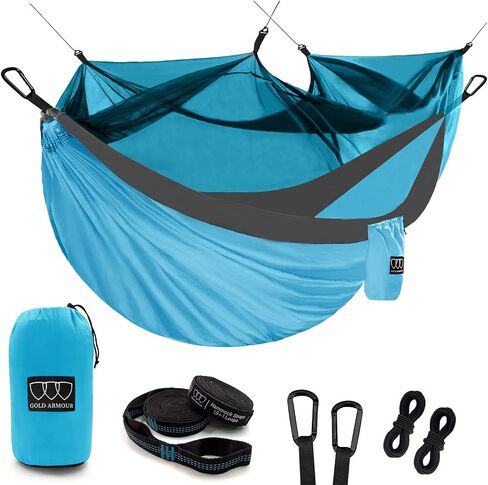 Gold Armour Camping Double Hammock with Mosquito Net Bug Net Set - Double Parachute Hammock USA Based Brand Lightweight Adults Kids, Camping Accessories Gear in Saudi Arabia