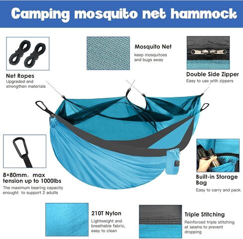 Gold Armour Camping Double Hammock with Mosquito Net Bug Net Set - Double Parachute Hammock USA Based Brand Lightweight Adults Kids, Camping Accessories Gear in Saudi Arabia