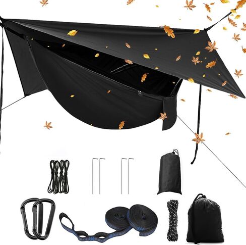 Portable Single Double Nylon High Strength Parachute Hammock Rainfly Set, Camping Hammock with Rain Fly Tarp and Mosquito Net Tent Tree Straps, Backpacking Hiking Travel Yard Outdoor Activities in Kuwait