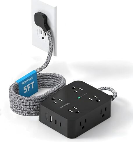 Power Strip Surge Protector, 5Ft Flat Extension Cord with Multiple Outlets | Ultra Thin Flat Plug, 8 Widely Outlet Extender 4 USB Ports(2 USB C), 1080J Wall Mount for College Dorm Room Essentials, Black in Saudi Arabia
