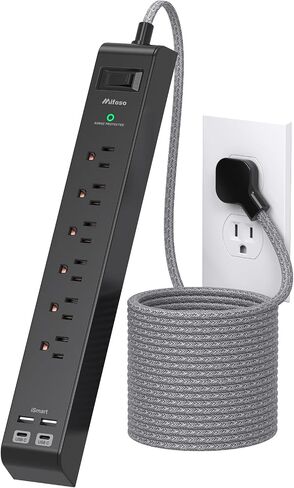 قطاع الطاقة Mifaso Surge Protector 10FT، قابس مسطح، 6 تيار متردد و4 USB (2 USB-C) | محطة شحن مكتبية، سلك تمديد طويل مع منافذ متعددة، يمكن تثبيته على الحائط للمنزل والمكتب وأساسيات النوم، 1080J in Kuwait