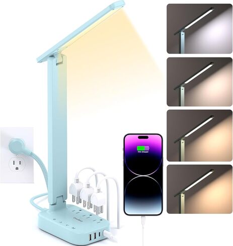 One Beat Small LED Desk Lamp Power Strip 5ft Extension Cord with 3 Outlets 4 USB Ports(2 USB C), 4 Modes, 5 Level Touch Lamp Study Reading Light, Home Office Bedroom College Dorm Room Essentials,White | One Beat 4 Modes 5 Level Brightness Touch Lamp, Smal in Kuwait