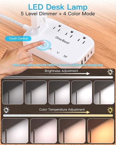 One Beat Small LED Desk Lamp Power Strip 5ft Extension Cord with 3 Outlets 4 USB Ports(2 USB C), 4 Modes, 5 Level Touch Lamp Study Reading Light, Home Office Bedroom College Dorm Room Essentials,White | One Beat 4 Modes 5 Level Brightness Touch Lamp, Smal in Kuwait