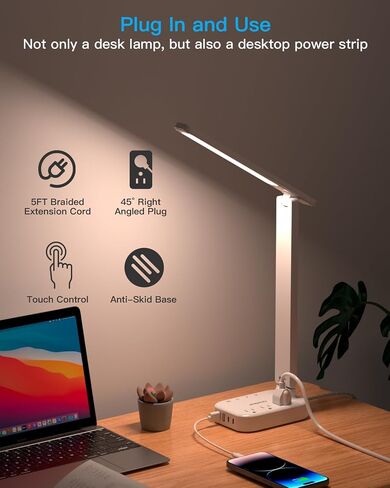 One Beat Small LED Desk Lamp Power Strip 5ft Extension Cord with 3 Outlets 4 USB Ports(2 USB C), 4 Modes, 5 Level Touch Lamp Study Reading Light, Home Office Bedroom College Dorm Room Essentials,White | One Beat 4 Modes 5 Level Brightness Touch Lamp, Smal in Kuwait