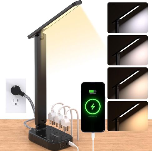 One Beat Small LED Desk Lamp Power Strip 5ft Extension Cord with 3 Outlets 4 USB Ports(2 USB C), 4 Modes, 5 Level Touch Lamp Study Reading Light, Home Office Bedroom College Dorm Room Essentials,White | One Beat 4 Modes 5 Level Brightness Touch Lamp, Smal in Kuwait