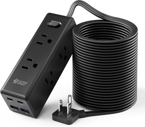 SUPERDANNY 15Ft Extension Cord with Multiple Outlets, Flat Plug Power Strip | Long Extension Cord with 6 Outlets, 4 USB Ports(2 USB C), Surge Protector for Home, Office Supplies, Dorm Essentials, White in Saudi Arabia