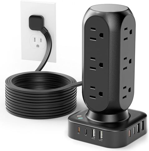 Flat Plug Power Strip Tower, TenTrend 40W Total Fast Charging Station, 10FT | 12 AC Outlets & 8 USB Ports (4 USB C), Dual PD 20W, Long Extension Cord for Desk Office Dorm Room in Saudi Arabia